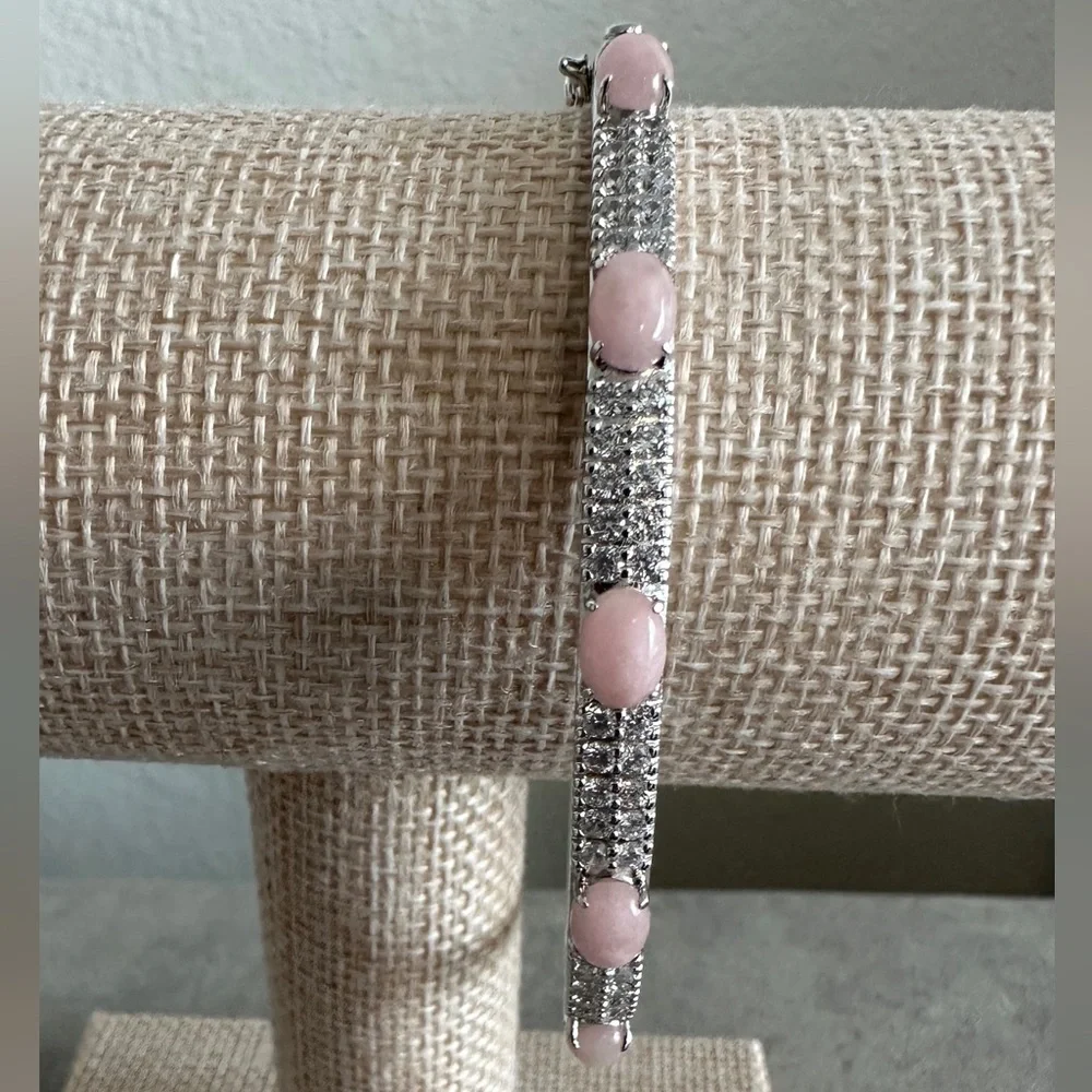 Jade of Yesteryear Sterling Silver Pink Jade Oval Bangle Bracelet, 7-3/4" - Picture 1 of 9
